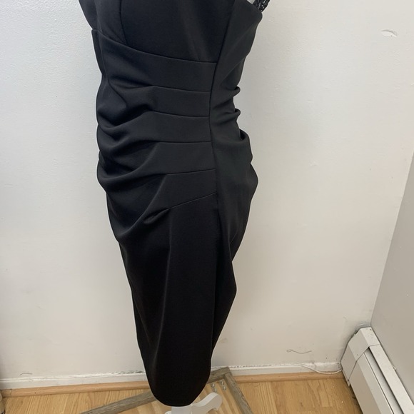 Vtg Xscape Black Dress Ruched Lace‎ Top Empire Below Knee Sz 12 Y2K Formal USA - Picture 4 of 12